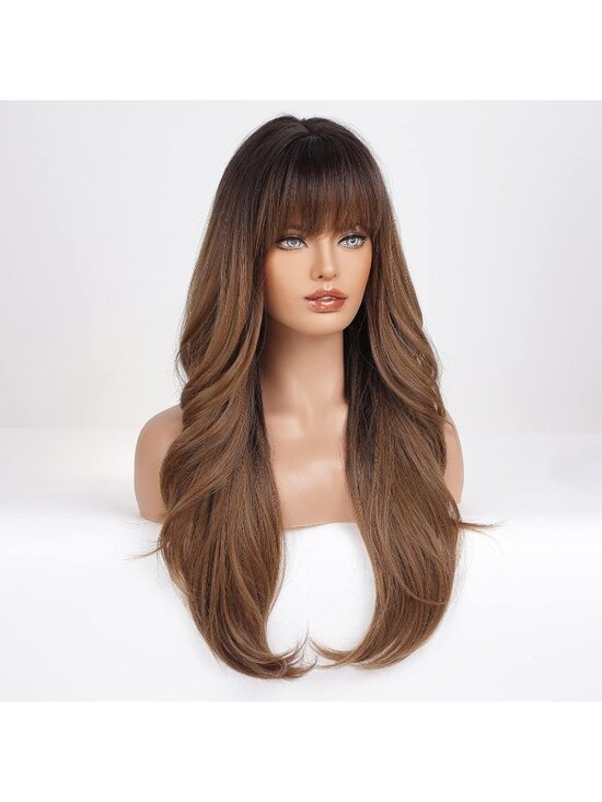 Women\'s Ombre Brown Heat Resistant Long Curly Wavy Synthetic Wig Bangs Size 26In main image 4